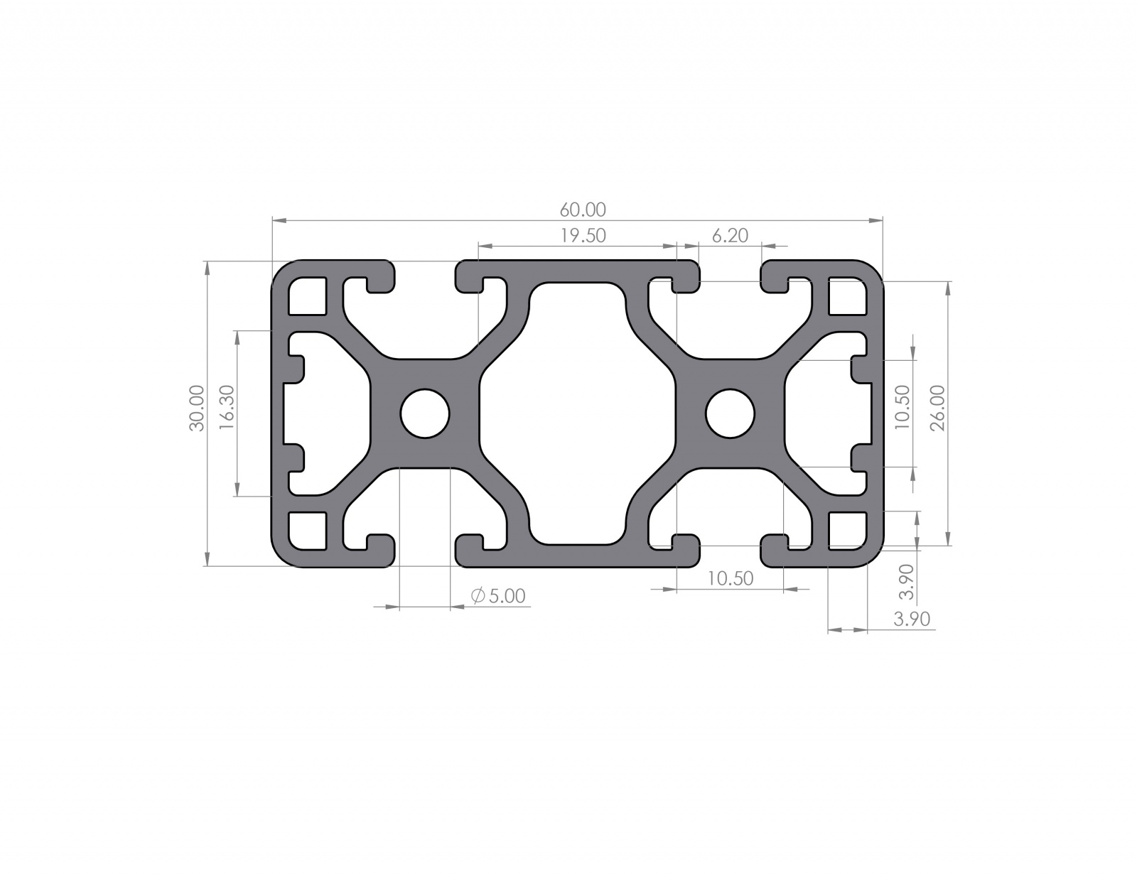 Aluminiumprofil 30x60 Nut 6 I-Typ 2N180 Leicht